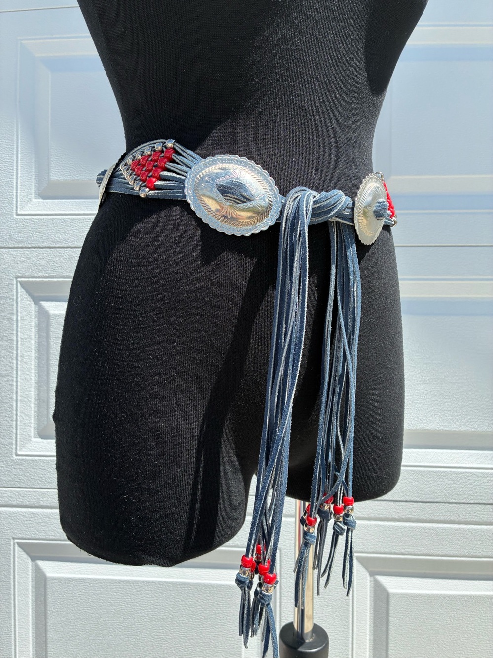 Handcrafted Native Western Silver Concho Tie Belt Red Accents Weave  Leather